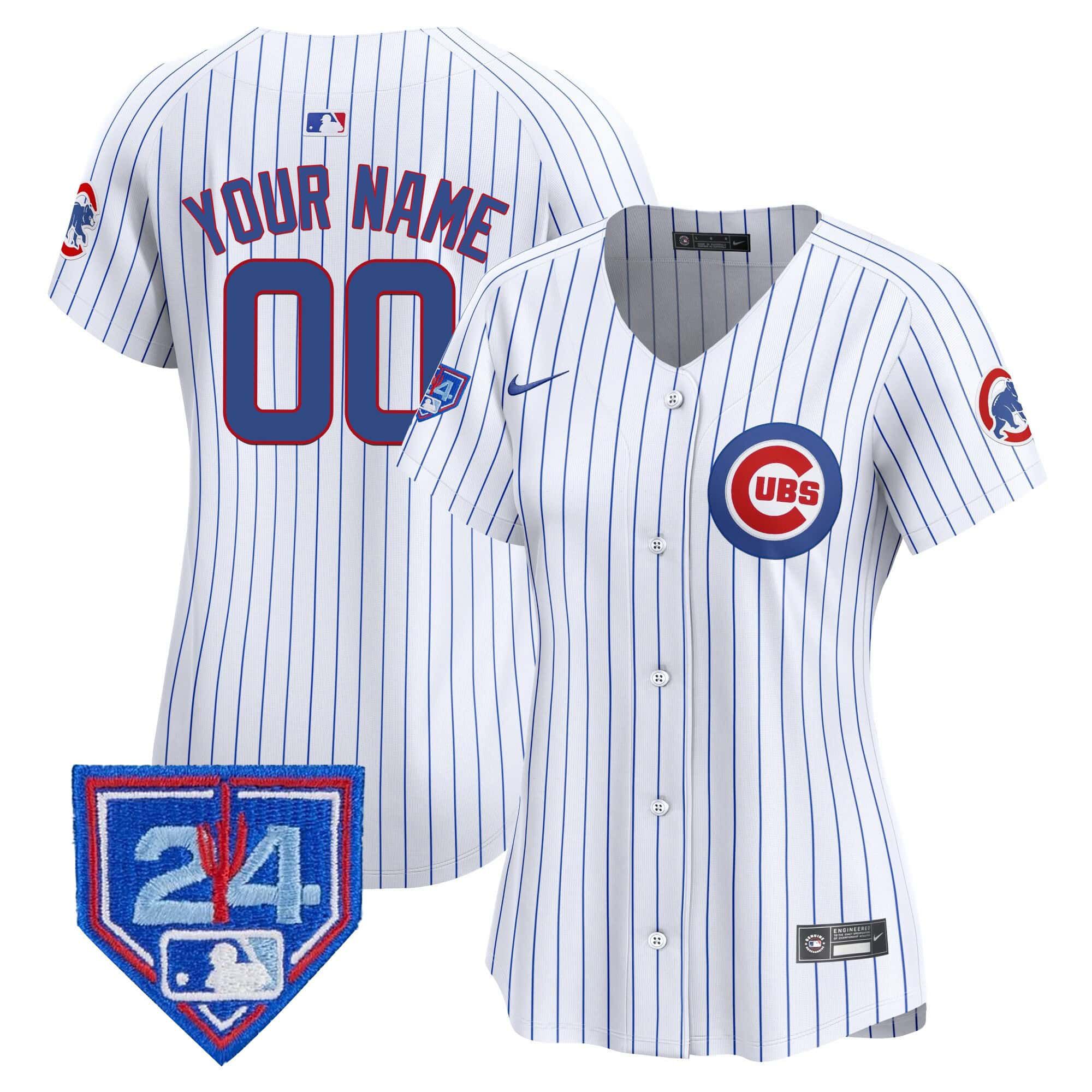 Women Chicago Cubs White stripe Nike 2024 Spring Training Patch Vapor Premier Limited Custom MLB Jersey->->